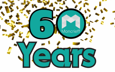 Moncrieff 60 years anniversary graphic featuring the Moncrieff logo integrated into the number 60 with gold confetti celebrating the milestone.
